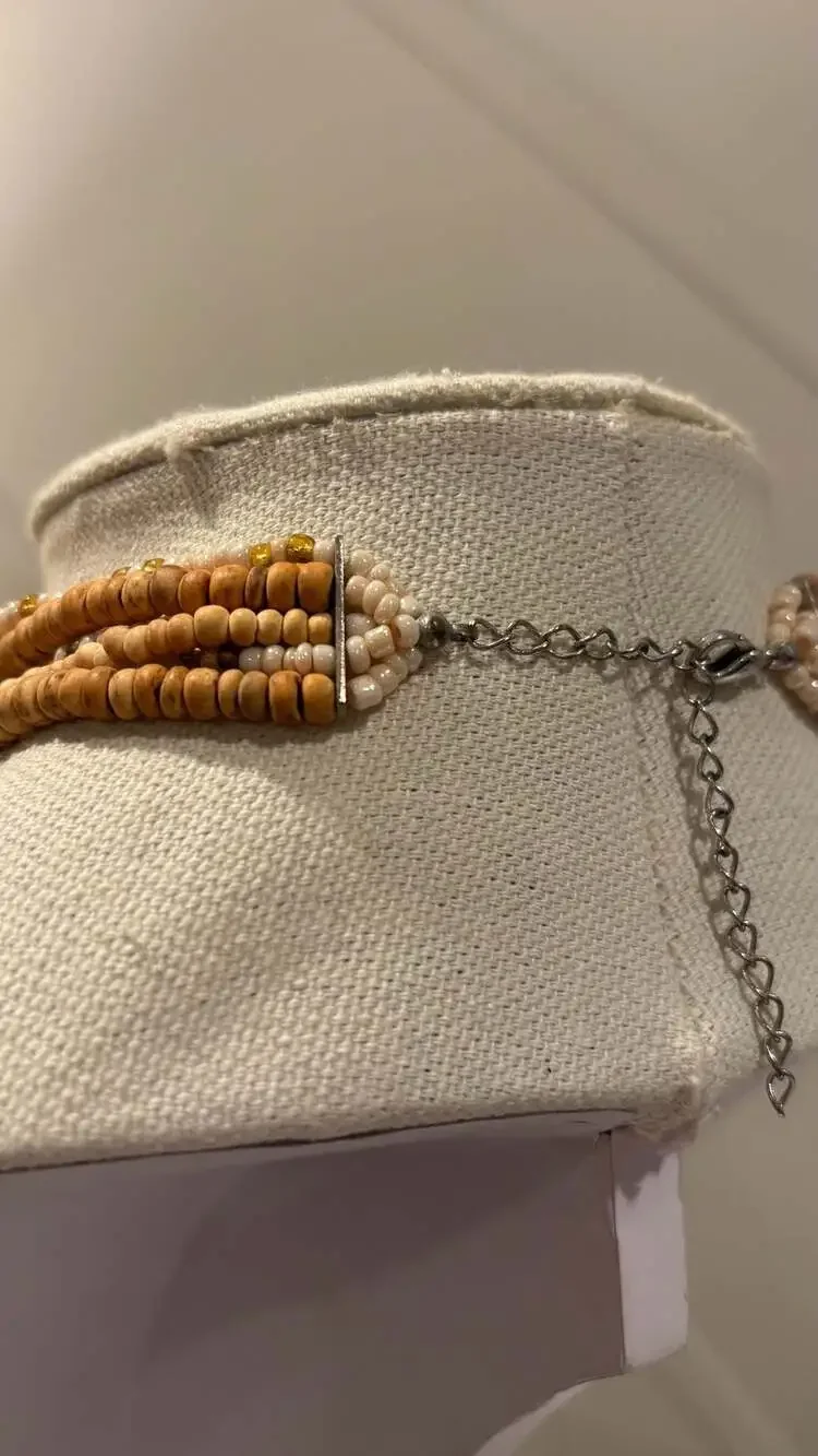 Multistrand Boho Necklace Wooden Beads Large Lucite/Resin Square Pendant